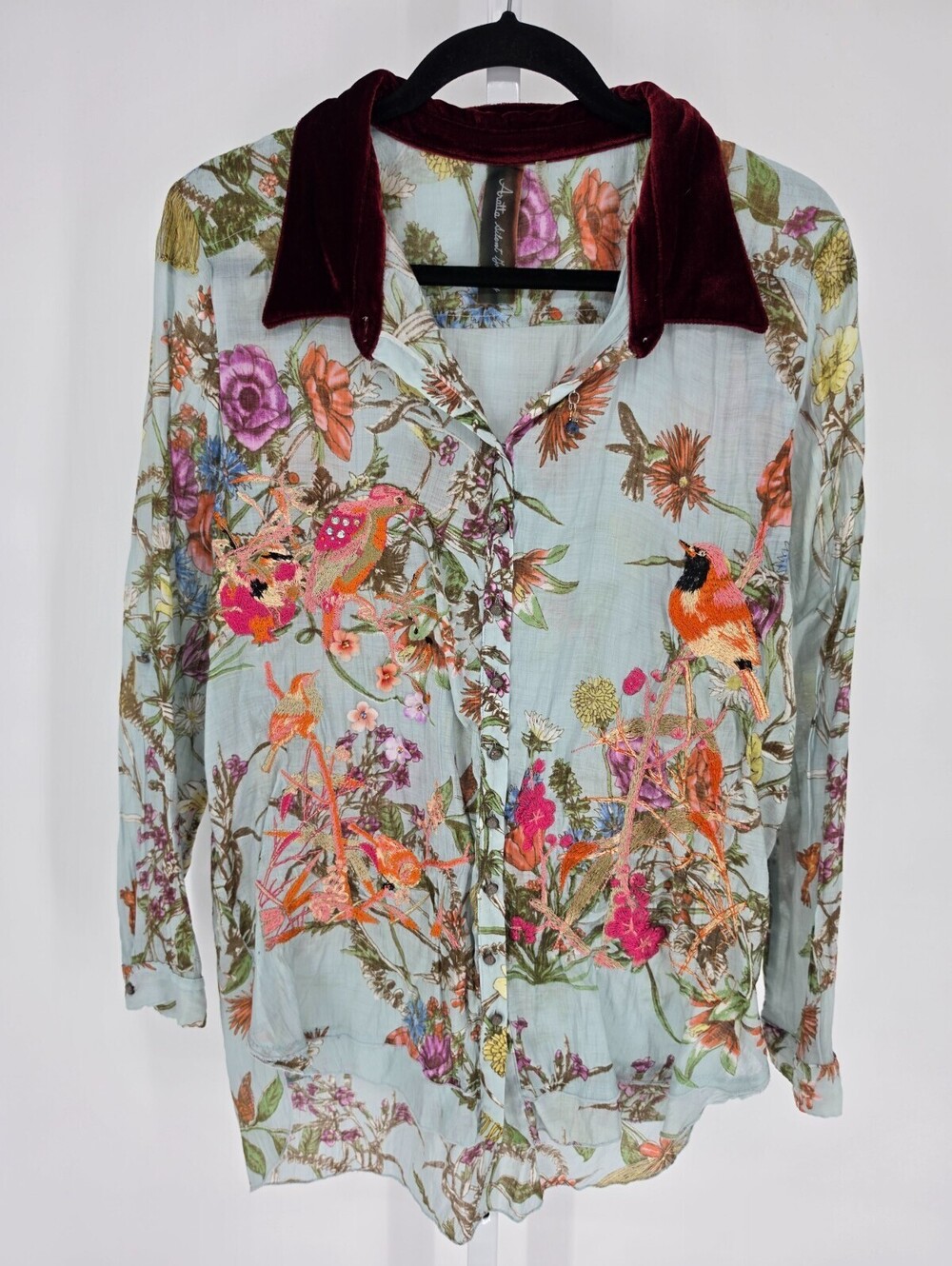 Aratta Silent Journey Sz L Floral Bird Embroidered Button Down Shirt Blue Multi